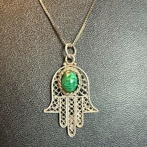 Sterling Silver Hamsa Necklace with Green Malachite Stone